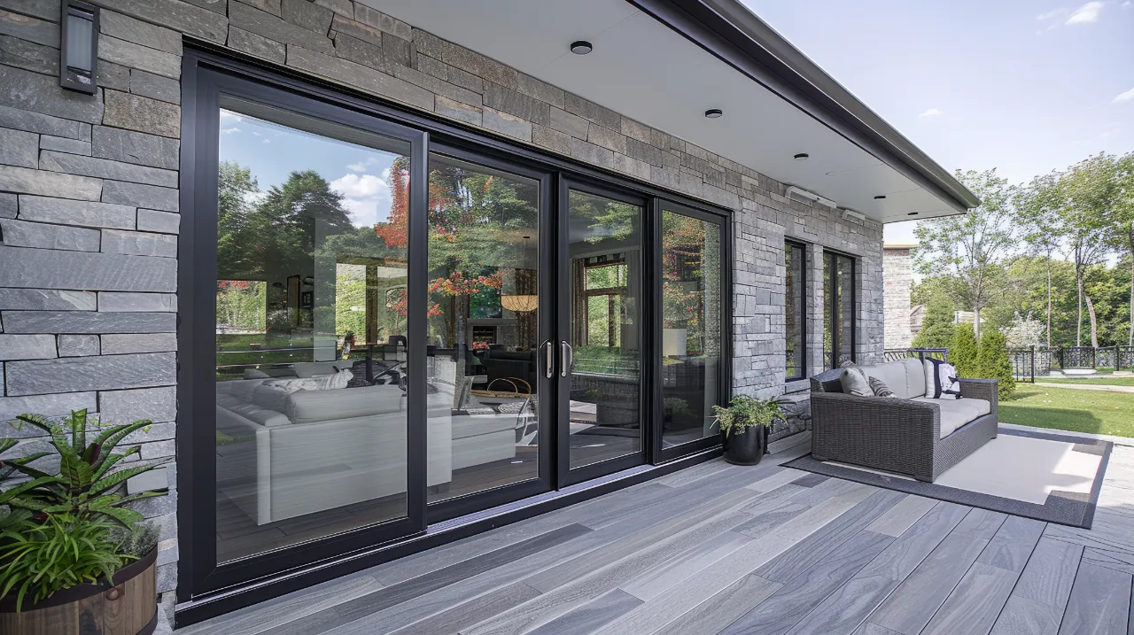 Exterior view of a stone-clad home featuring large black-framed sliding glass doors opening onto a grey wooden deck with patio furniture.