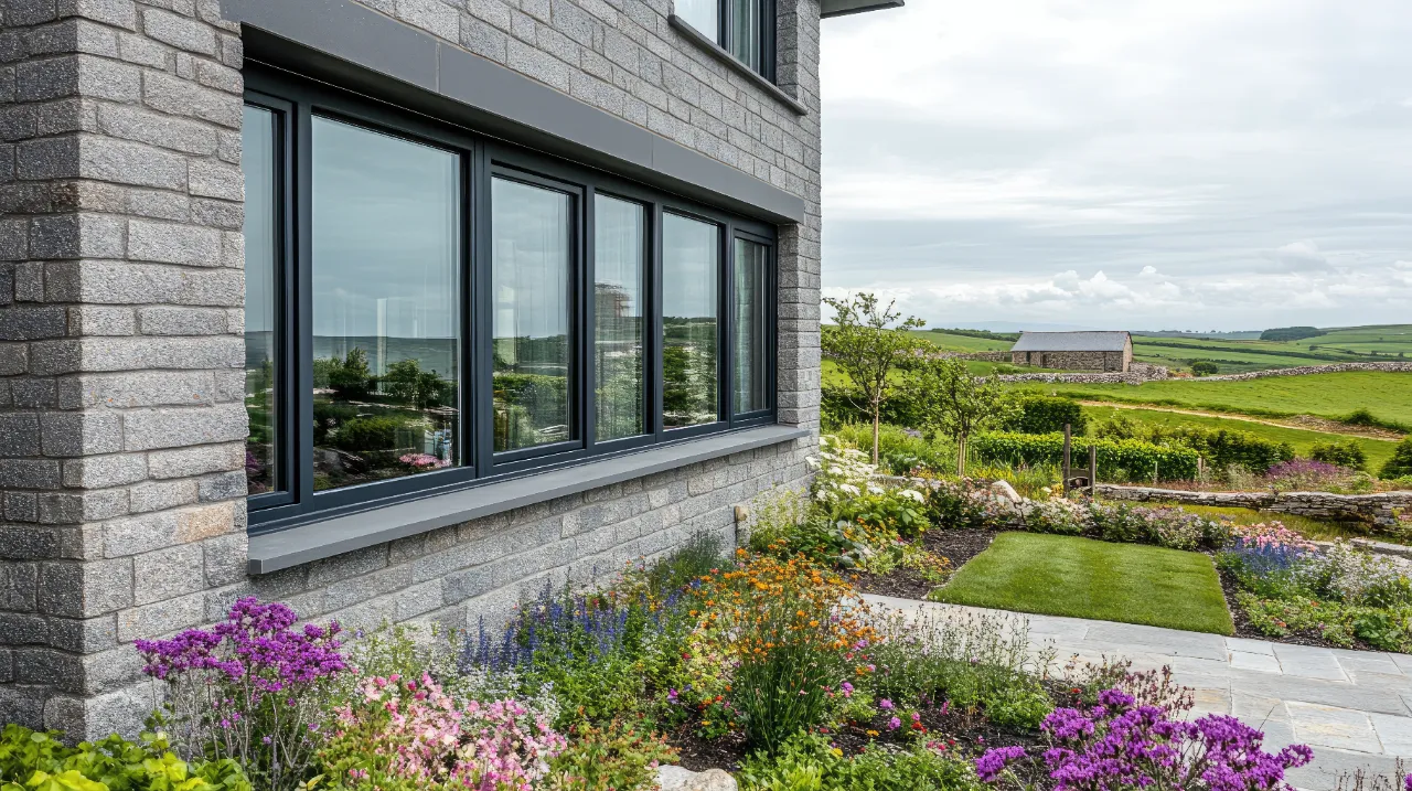 black aluminium window installed at stone house