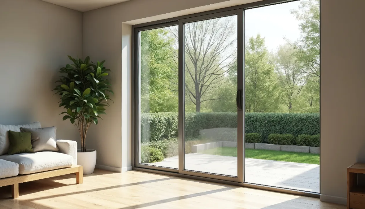A sunlit room featuring a white sofa, a houseplant, and a large sliding glass door overlooking a manicured green garden.