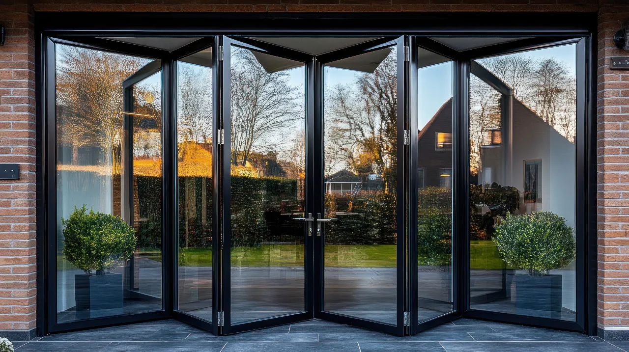 Front exterior view of a six-panel black bi-fold glass door system set within a brick wall, reflecting the surrounding yard trees and sky.