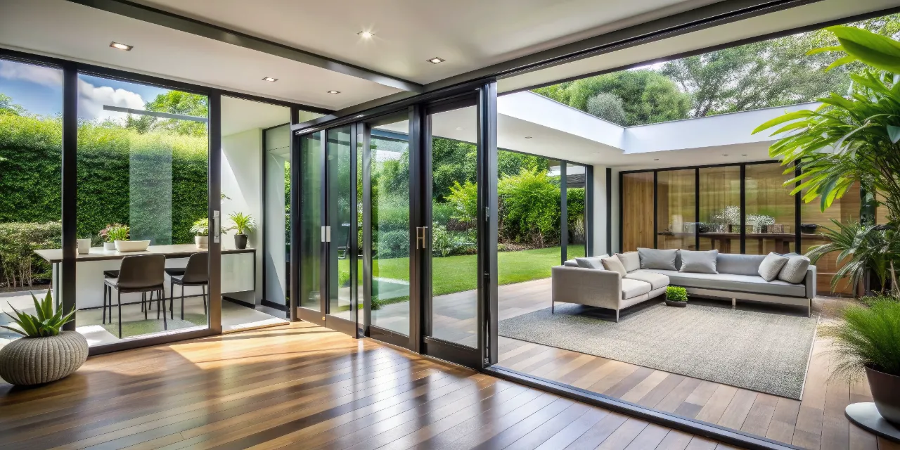 A modern open-plan living room with wood flooring and large black sliding glass doors opening directly onto a backyard garden and patio area.