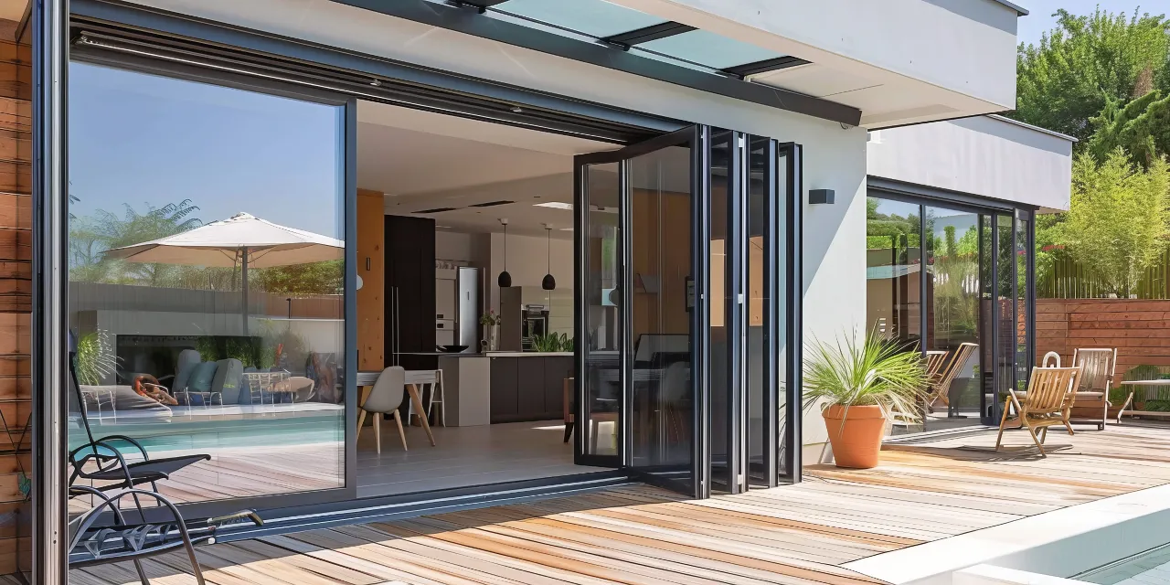Exterior patio view of a modern home featuring black bi-fold glass doors partially stacked open beside a swimming pool and wooden deck.