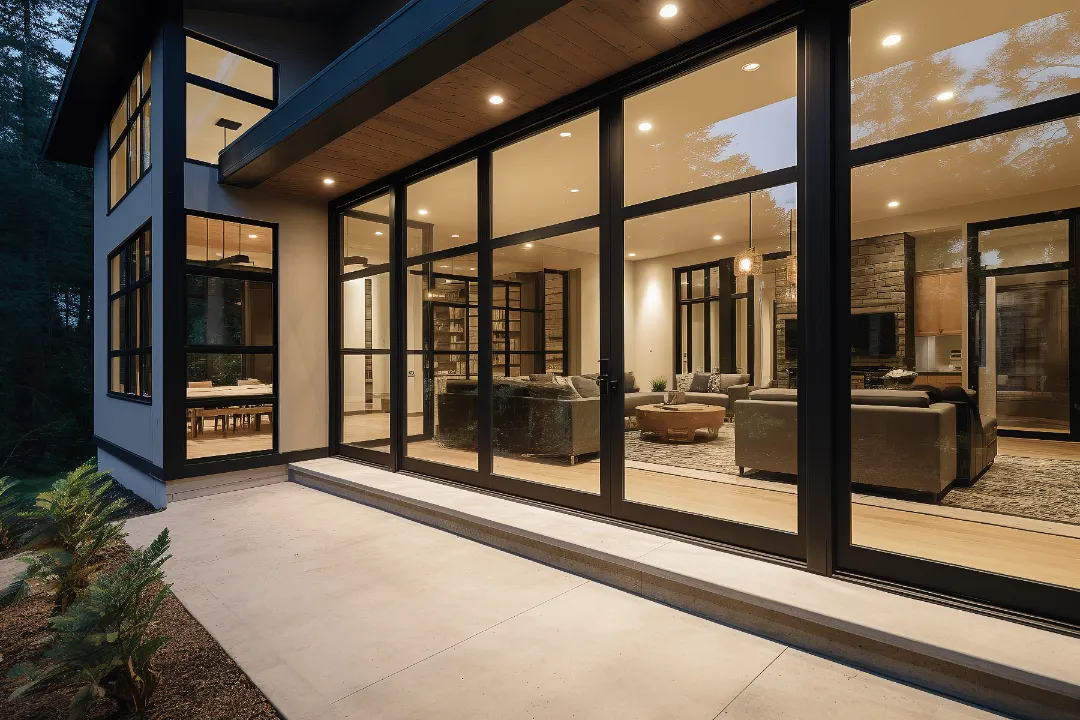 Evening exterior view of a modern home with large floor-to-ceiling black-framed glass windows and doors illuminating a brightly lit living room.