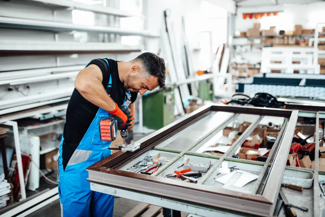A technician in blue work overalls using a power drill to assemble metal hardware onto a dark wood-grain window frame on a workbench.