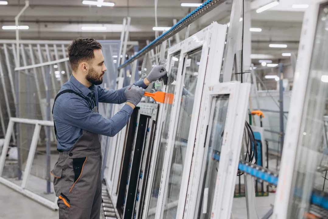 A factory worker wearing grey overalls and protective gloves using a spatula tool to install glass into a white plastic window frame on an assembly line.