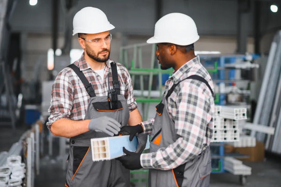 Two factory workers in hard hats and safety gear inspecting a white plastic window profile section in an industrial plant.