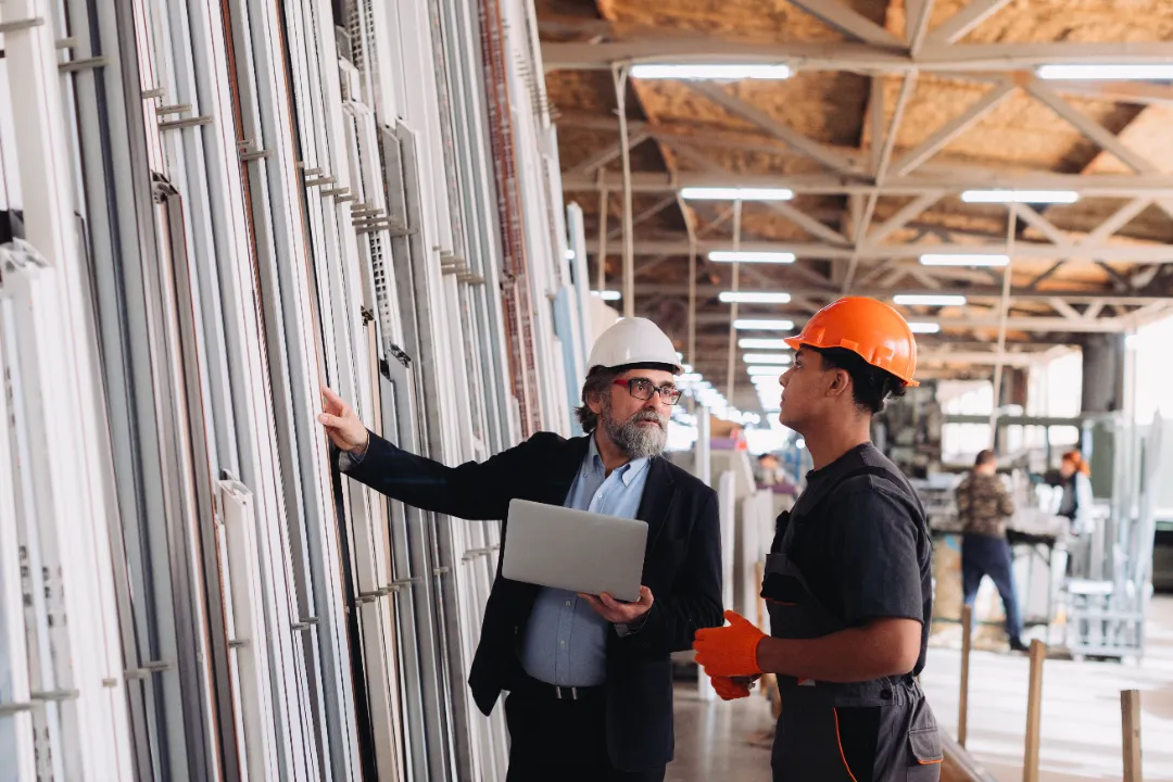 A supervisor holding a laptop discussing plastic frame profiles with a factory worker in a manufacturing facility.