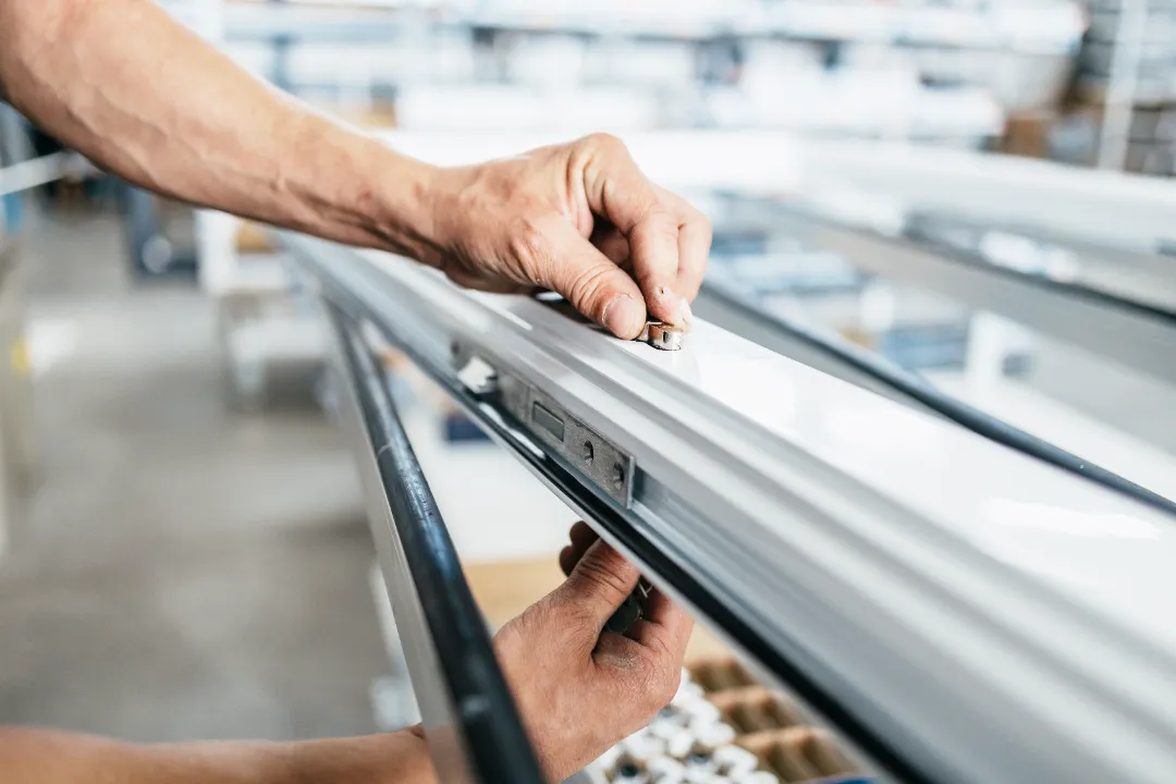 Close-up of a technician installing metal locking mechanisms and hardware into the groove of a white window sash.
