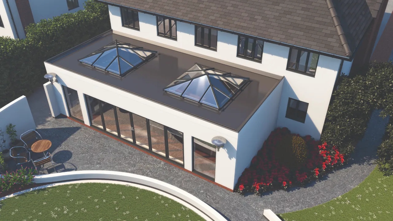 High-angle rendering of a modern white house extension with a flat roof featuring two black-framed roof lantern skylights and large patio doors.