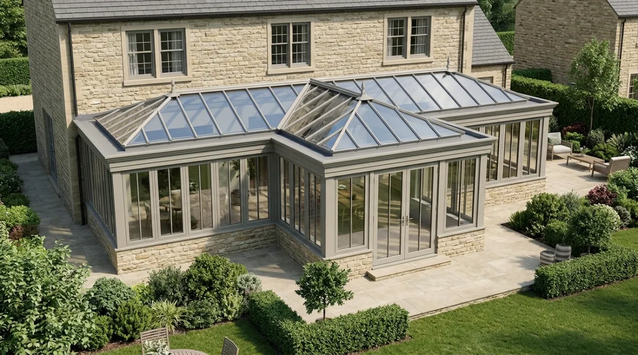 Aerial render of an T-shaped glass orangery extension with light gray framing and glass roof lanterns built against a stone house.