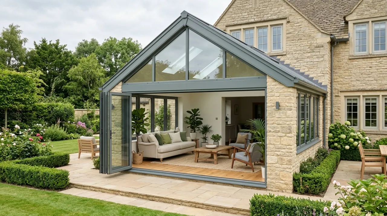 Modern dark grey garden room extension with fully opened bi-fold doors showing a brightly lit living room with wooden flooring.