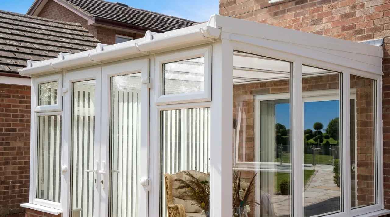 Close-up exterior of a white uPVC conservatory structure showing double glass doors, side windows, and white guttering.