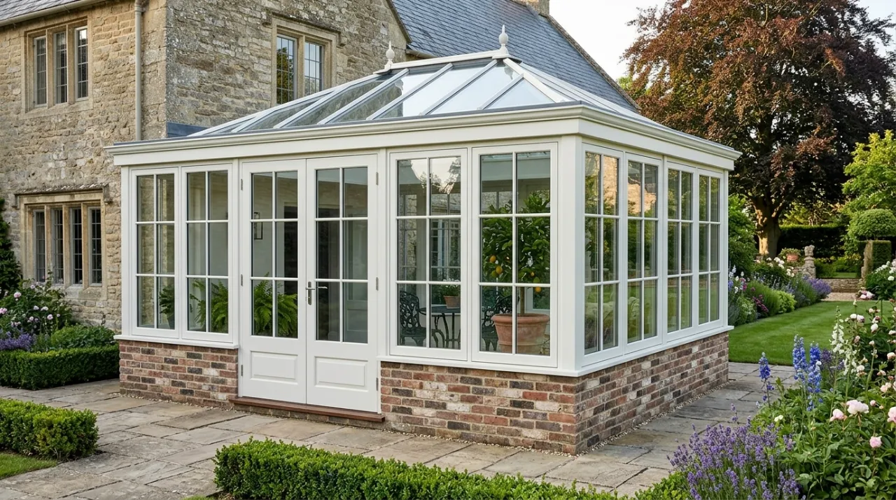 White edwardian conservatory with multi-pane windows and a roof lantern set on a red brick base next to a stone house.