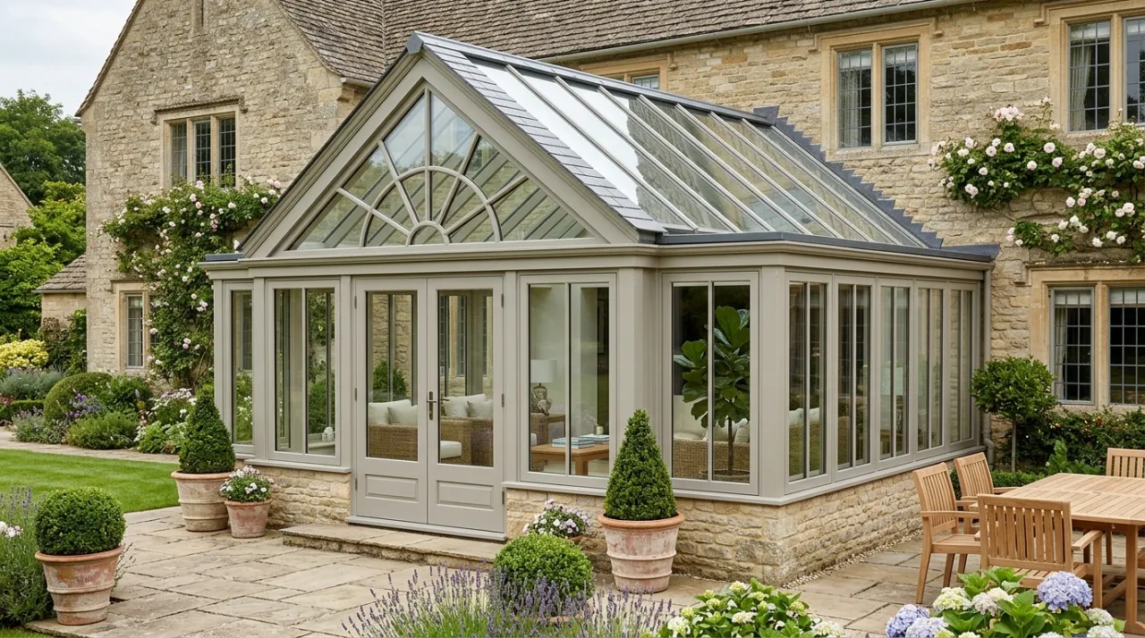 Light grey conservatory extension with a glass gabled roof, stone dwarf wall base, and French doors leading out to a stone terrace.
