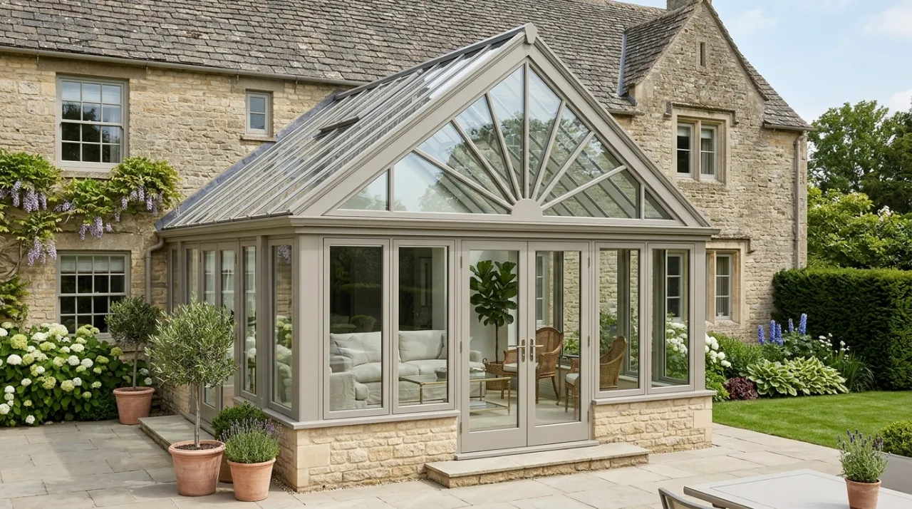 Beige gabled conservatory with a sunburst glass design attached to a traditional stone home, surrounded by potted plants and a lawn.