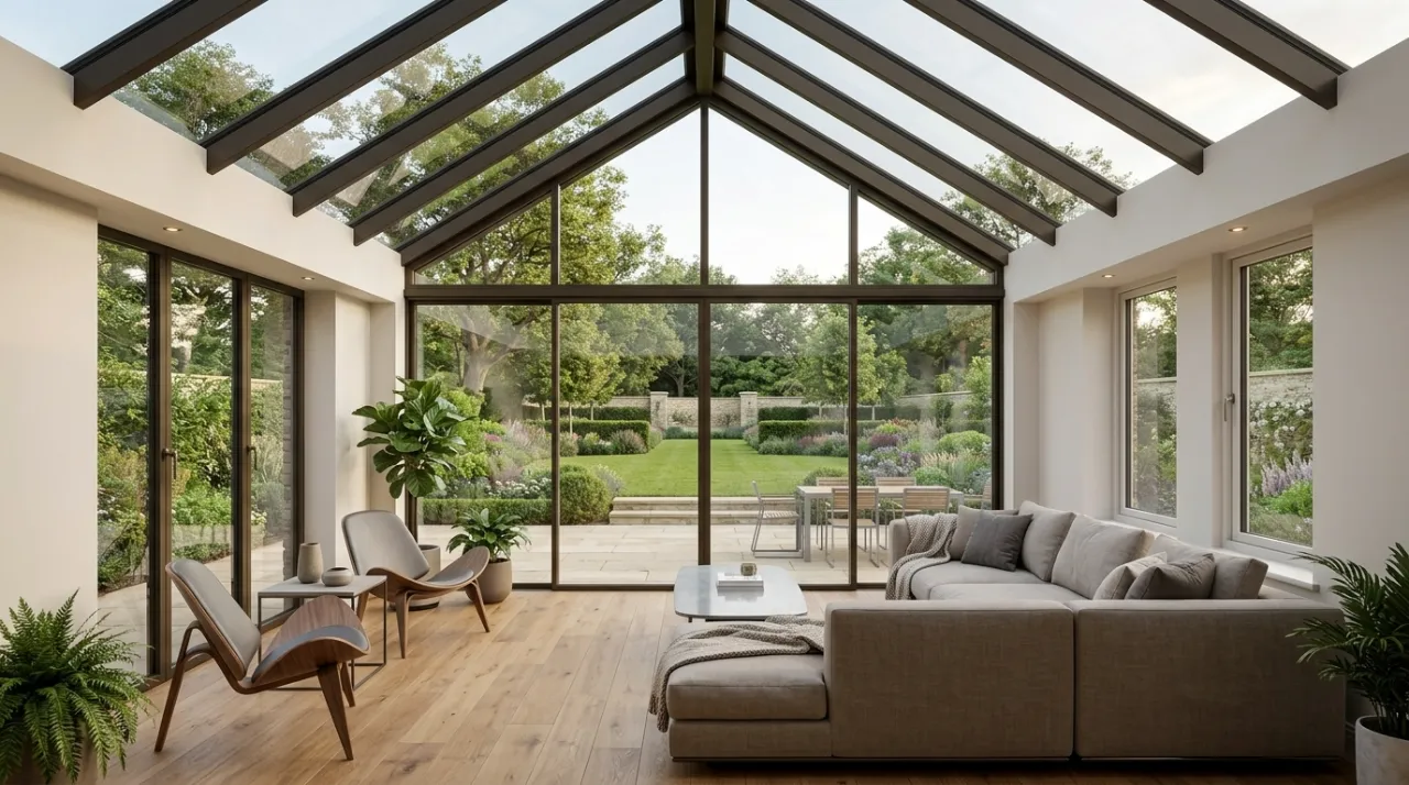 Interior view of a contemporary sunroom with a vaulted glass ceiling, dark framing, wood floors, and large glass sliding doors overlooking a garden.