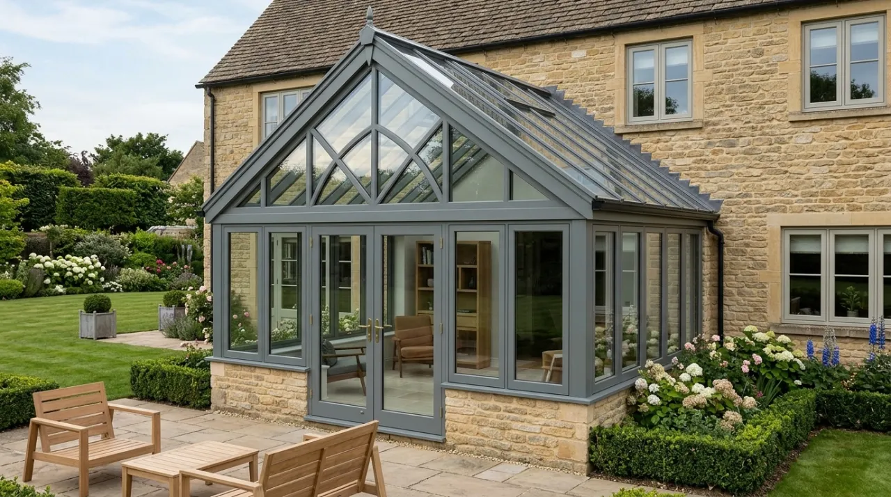Grey gabled glass conservatory built onto a stone house, featuring ornate arched window framing and French doors opening onto a patio.