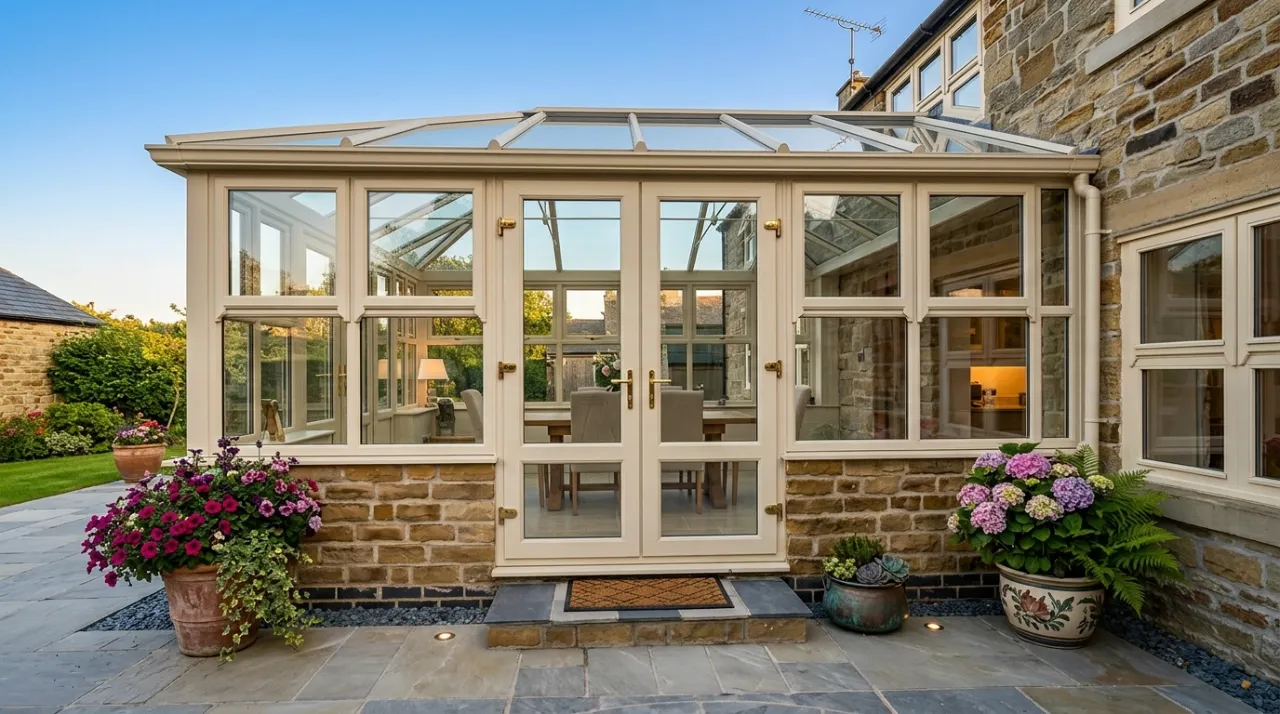 Cream-colored conservatory with decorative brass door handles and a stone wall base set on a patio with potted flowers.