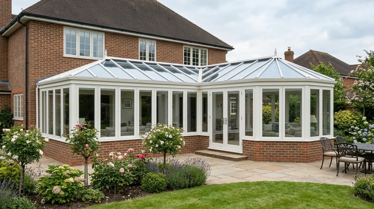 Large white P-shaped glass conservatory extension built onto the rear of a brick house with a landscaped garden and patio furniture.
