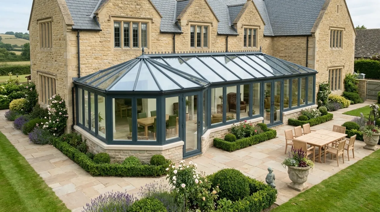 High-angle view of a large grey P-shaped conservatory extension attached to a stone country home next to a paved patio.