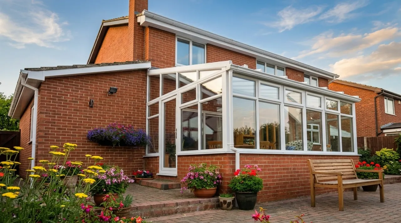 White uPVC lean-to conservatory with a low brick wall base attached to the rear of a red brick two-story house.