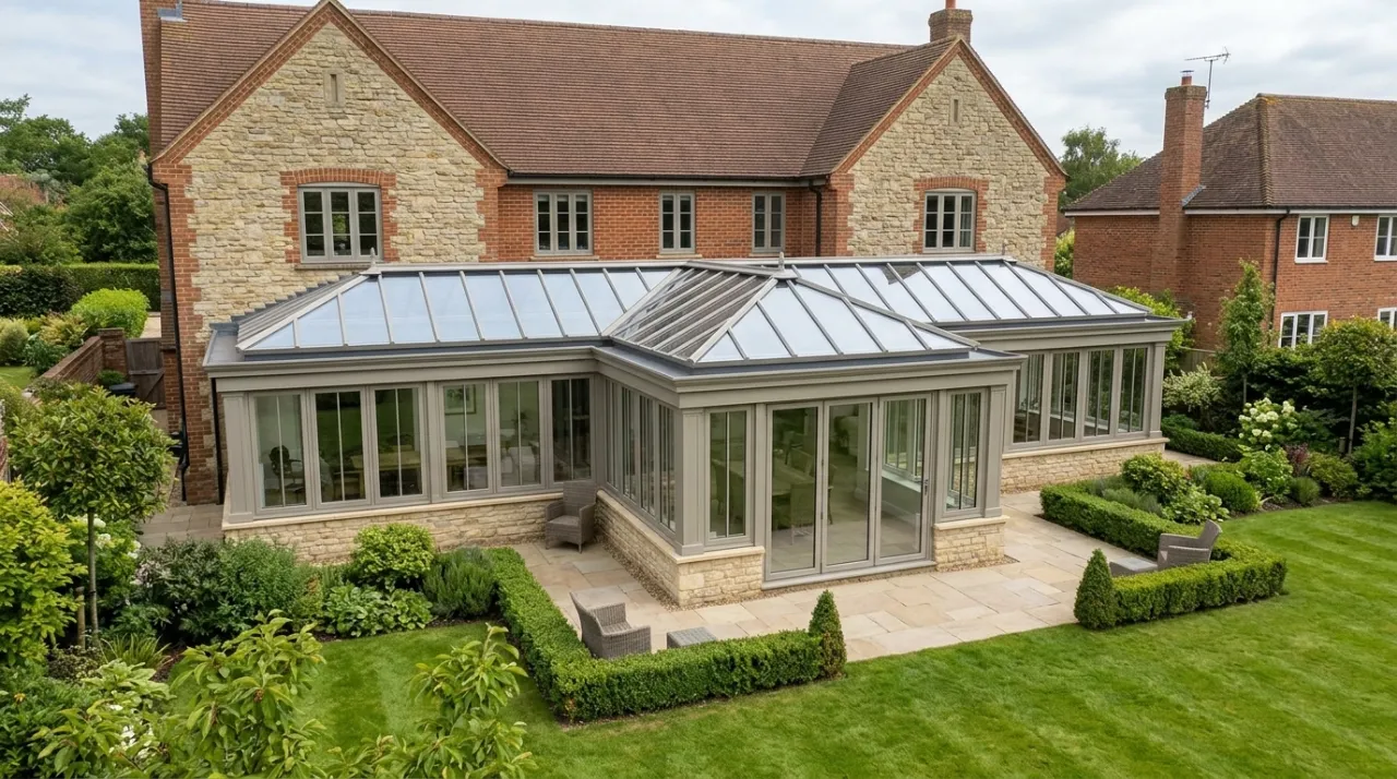 High-angle view of a large, stone-and-glass conservatory extension with a glass roof lantern system adjoining a brick country home.