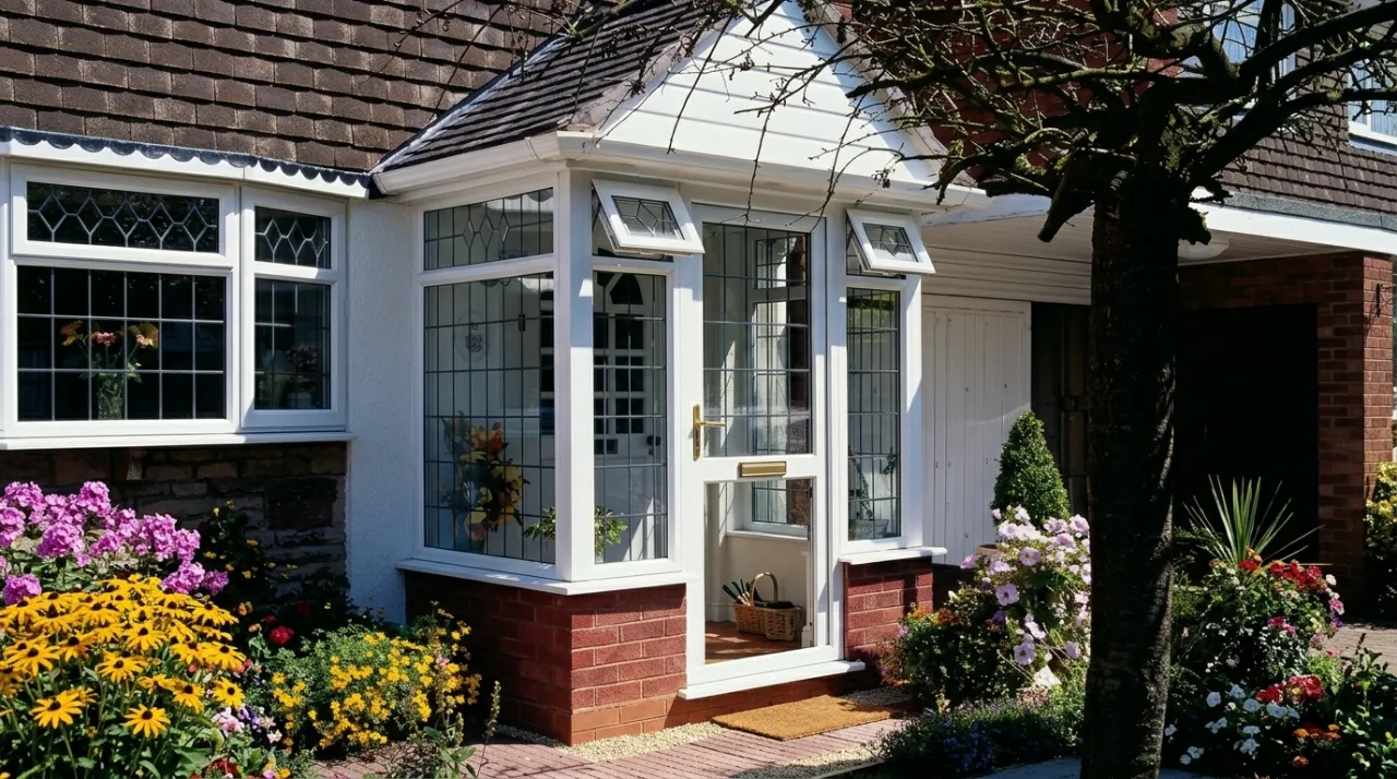 Front entrance porch with leaded glass panels, a brick dwarf wall base, and a gabled roof attached to a residential house exterior.