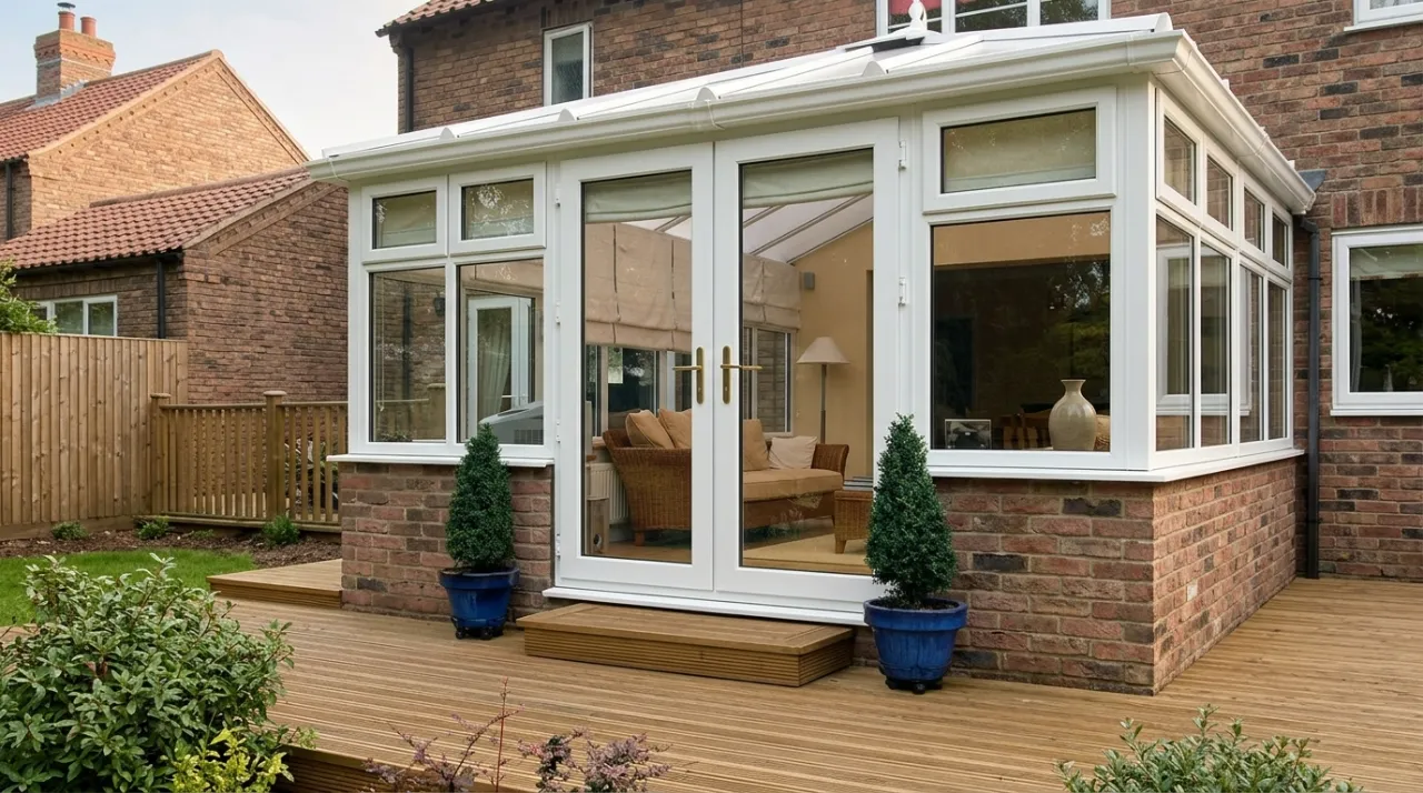 White lean-to conservatory with french doors opening onto a wooden deck attached to a brick house.