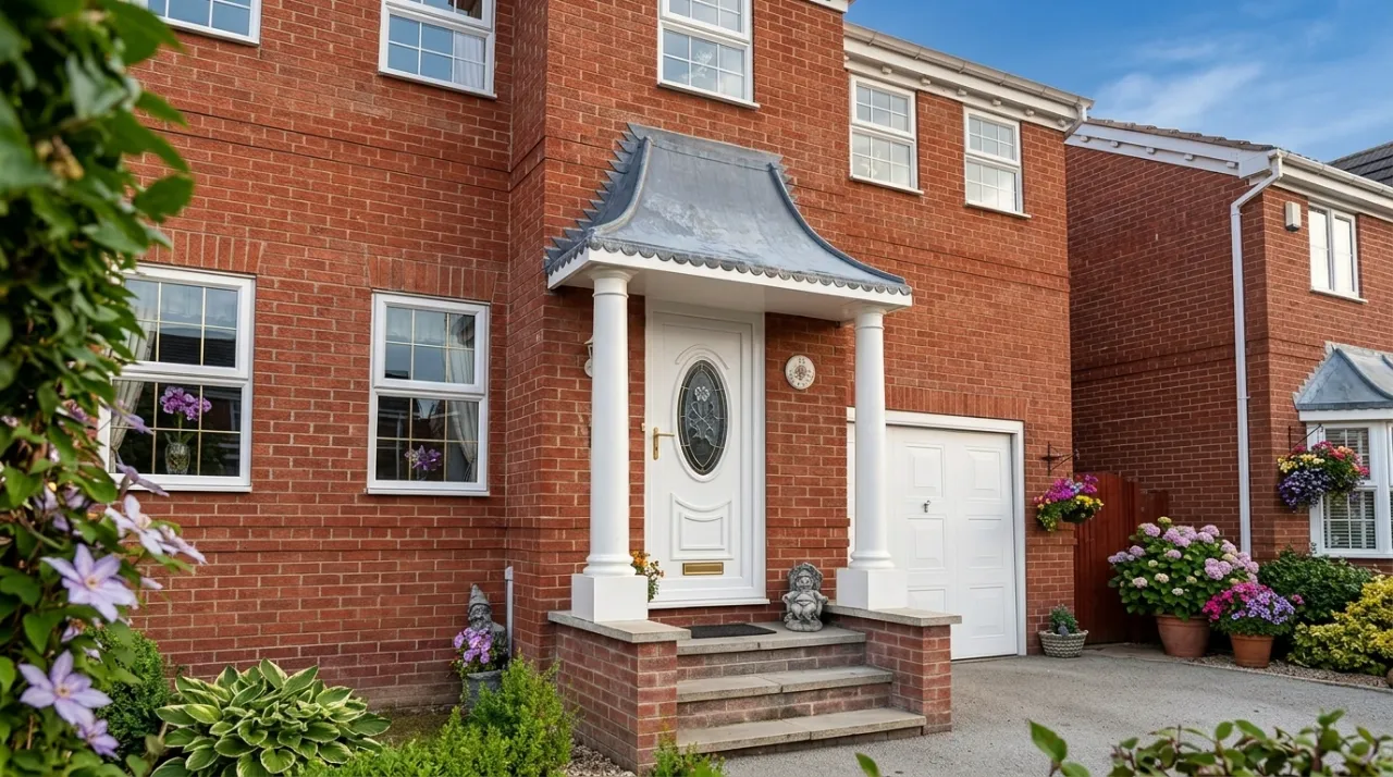 Red brick house facade featuring a white front door under a lead-roofed portico supported by two white columns.